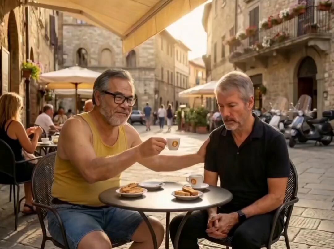The image shows two men sitting at an outdoor table, enjoying coffee together. One man is holding a cup of coffee while the other man looks sad or thoughtful. The scene takes place outdoors with several people walking around them, indicating that they are in a busy area. The photo has been captioned "GM FAM! Having coffee today with an old friend who'S facing a difficult chapter. True friendship often means simply showing up."