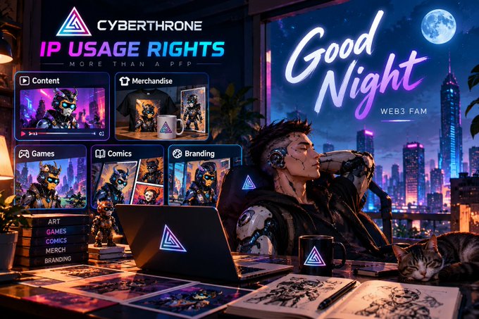A promotional graphic for 'CYBERTHRONE IP USAGE RIGHTS' featuring a cyberpunk character, a cat, and categories like Content, Merchandise, Games, Comics, and Branding, with 'Good Night WEB3 FAM' text.