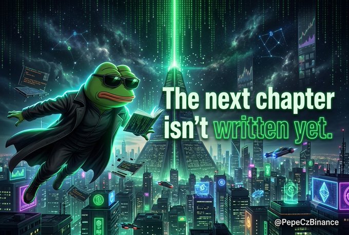 A digital illustration of Pepe the Frog wearing sunglasses and a black coat, floating in a cyberpunk cityscape while holding an open book, with the text 'The next chapter isn't written yet.' and the handle '@PepeCzBinance'.