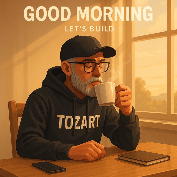 A warm-toned digital illustration of a bearded man in a black cap and 'TOZART' hoodie drinking from a white mug by a window, with 'GOOD MORNING - LET'S BUILD' text.