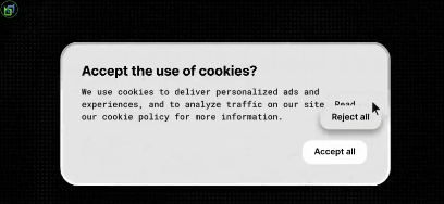 A digital cookie consent popup displays the text 'Accept the use of cookies?' with options to 'Reject all' or 'Accept all'.