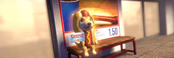A dog wearing a hot dog costume sits on a bench in front of a Costco advertisement displaying a hot dog combo for $1.50. The image humorously illustrates the joke about shipping Costco's famous cheap hot dogs to "Vlad," with the costumed pup serving as the adorable mascot for the deal.
