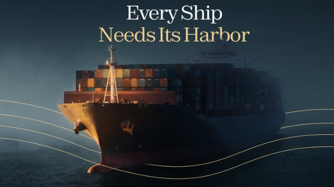 A large container ship at sea with the text 'Every Ship Needs Its Harbor' displayed above it.