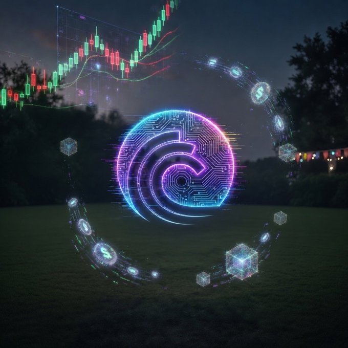 A glowing neon BitTorrent (BTT) logo with circuit-board details hovers above a grassy field at night, surrounded by orbiting crypto cubes and floating dollar-sign tokens, while a holographic candlestick chart displaying an upward price trend rises in the background—visually reinforcing the post's theme of surging adoption and bullish momentum for BTT's blockchain-powered P2P ecosystem.