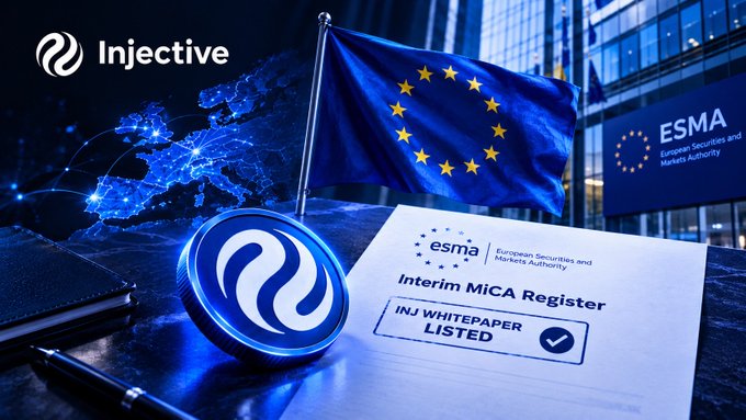 An Injective (INJ) promotional image showing the project's registration with ESMA's Interim MiCA Register, featuring the EU flag, ESMA logo, an Injective coin, and a European map graphic with the 'INJ WHITEPAPER LISTED' stamp.