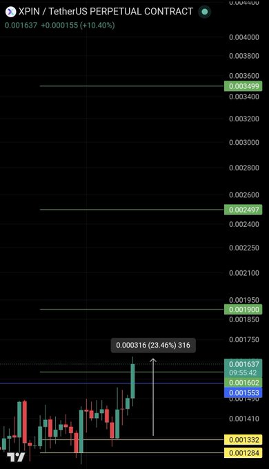 A TradingView candlestick chart for the XPIN/USDT perpetual contract shows a recent +10.40% surge to 0.001637, with a notable +23.46% gain spike highlighted at 0.000316, corresponding to the post's mention of the first take-profit target being hit.