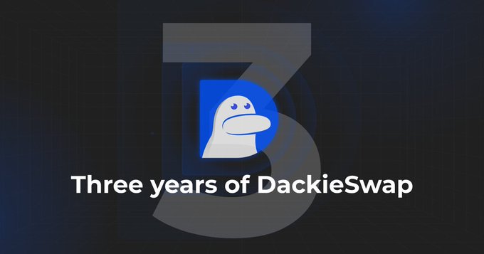 A promotional graphic featuring a large gray '3' with the DackieSwap mascot logo and text reading 'Three years of DackieSwap' against a dark blue background.