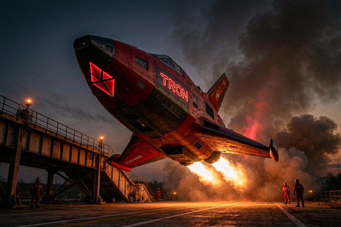 The image features a red airplane with the word "TRON" written on its side, flying through the air and leaving a trail of smoke behind it. The airplane appears to be in motion, possibly taking off or landing at an airport. There are several people standing nearby, watching the airplane as it flies by. One person is holding a cell phone, likely capturing the moment with a photo or video.