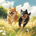 Two cheerful Corgis, one tan and white and the other black and tan, run through a sunlit field of wildflowers and tall grass.