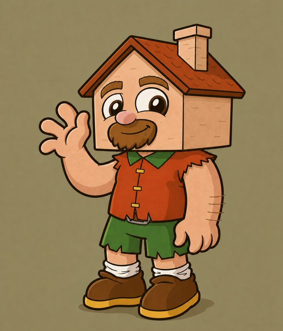 A cartoon illustration of a friendly character with a wooden house for a head, wearing a red vest and green shorts, waving with one hand.