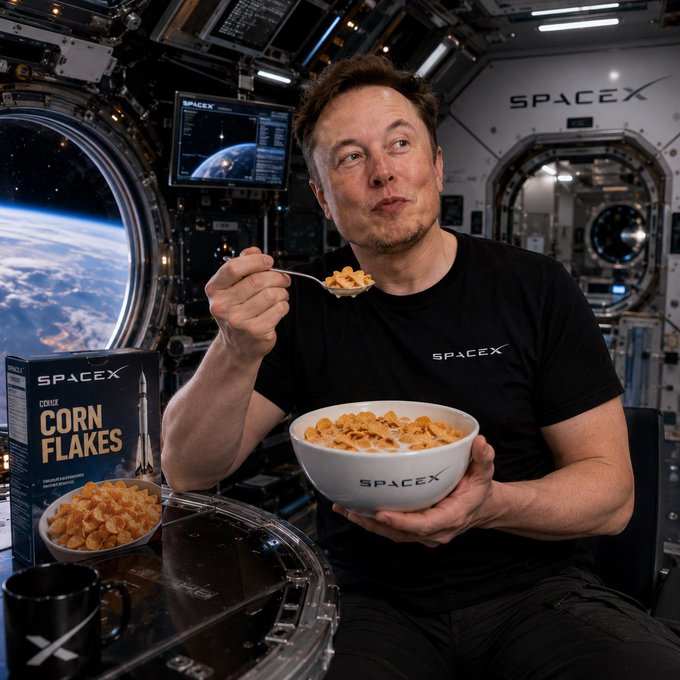 Elon Musk wearing a SpaceX t-shirt eating cereal from a SpaceX-branded bowl, with a box of 'SpaceX Corn Flakes' beside him and the interior of a spacecraft visible behind.