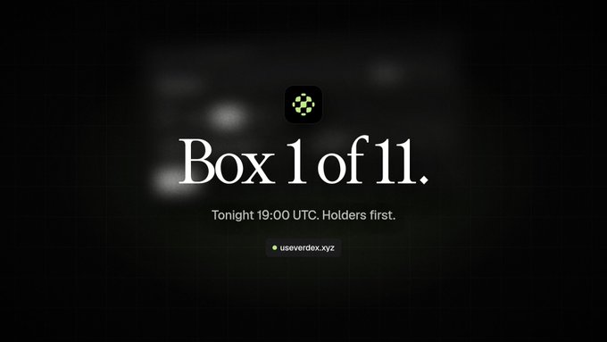 A dark promotional graphic announces 'Box 1 of 11. Tonight 19:00 UTC, Holders first.' from useverdex.xyz.