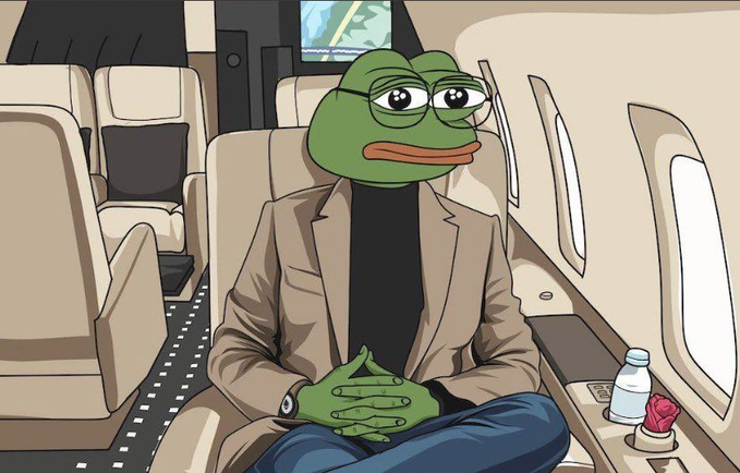 A cartoon Pepe the Frog wearing glasses and a tan blazer sits relaxed with crossed legs inside a private jet, with a bottle of water and a rose nearby. The image complements the "Weekend mode" post by portraying a serene, luxurious escape where the frog enjoys quiet travel while his crypto assets continue running seamlessly onchain in the background.