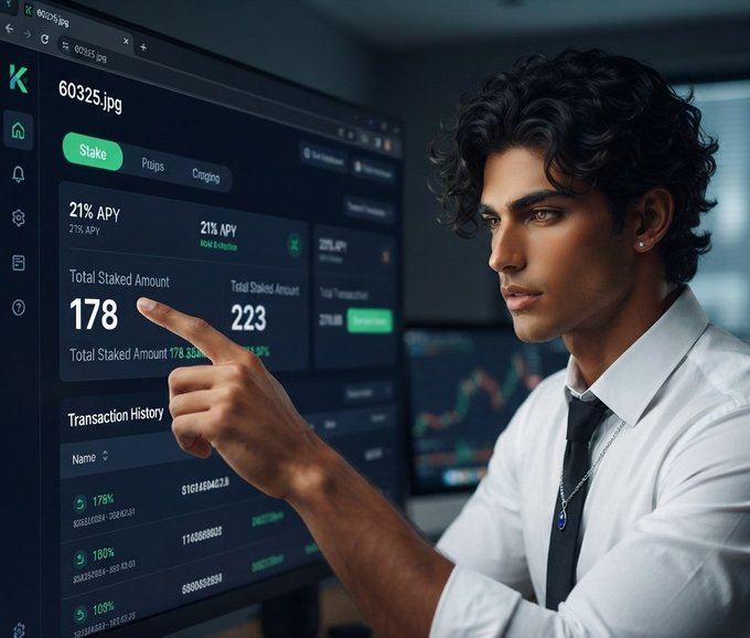 A young man with curly hair in a white shirt and tie points at a large digital dashboard showing 'Stake' interface with '21% APY' and 'Total Staked Amount' metrics.