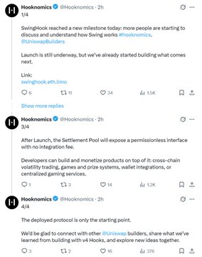 A screenshot of three recent X posts from Hooknomics (@Hooknomics) announcing that the SwingHook protocol reached a milestone and will still launch on time, revealing details about its permissionless Settlement Pool and cross-chain build for launching an experimental DeFi protocol on Uniswap v4.