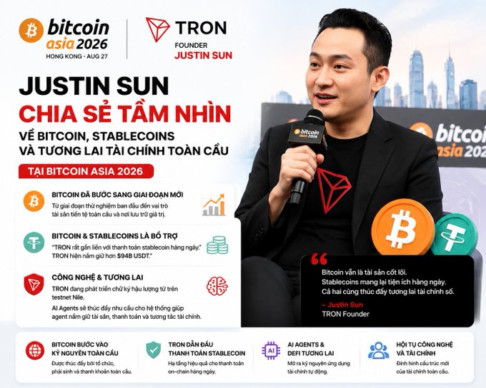 A promotional graphic for 'Bitcoin Asia 2026' in Hong Kong featuring TRON founder Justin Sun, with Vietnamese text discussing Bitcoin, stablecoins, and the future of global finance.