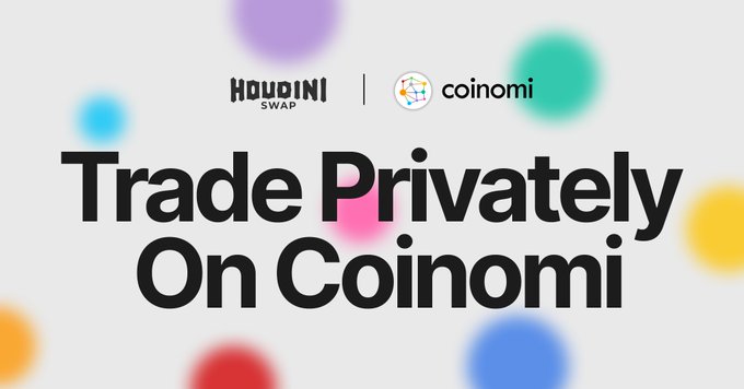 A promotional graphic with colorful blurred dots reading 'Houdini Swap | Coinomi' and 'Trade Privately On Coinomi' in bold black text.