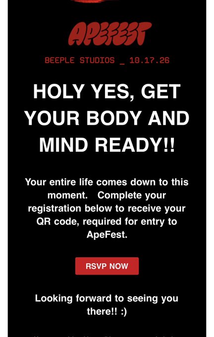 The post advertises a spare ApeFest pass for October 17, 2026, offering a "+1" spot to someone in the community. The accompanying image is an RSVP email from ApeFest (Beeple Studios, 10.17.26) urging attendees to register to receive their QR code for entry, which is needed to claim the extra ticket spot.