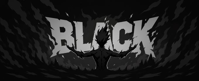 A silhouetted figure stands with arms outstretched, engulfed in flames, in front of the bold word "BLACK" set against a dark, smoky background—matching the post's announcement of the "BLACK" NFT collection launch with original artwork and a 30-minute mint window.