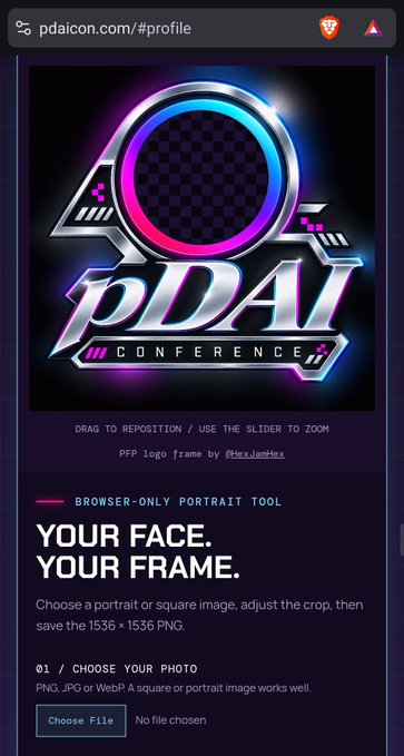 A screenshot of pdaicon.com/#profile showing a 'pDAI CONFERENCE' logo frame tool with the text 'YOUR FACE. YOUR FRAME.' and a file upload interface.