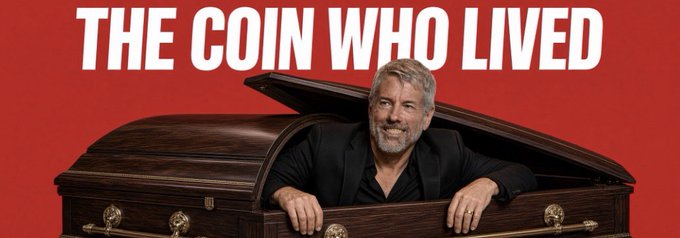 Promotional image with text 'THE COIN WHO LIVED' showing a man in a black shirt emerging from a wooden coffin against a red background.