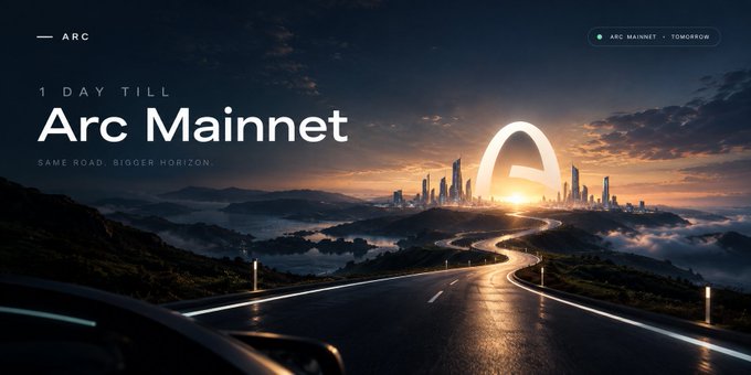 A promotional graphic for 'Arc' featuring the text '1 DAY TILL Arc Mainnet' and 'SAME ROAD. BIGGER HORIZON,' showing a stylized highway leading toward a city skyline and an arch logo.