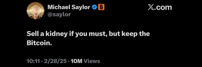 A screenshot of Michael Saylor's (@saylor) verified X post dated 2/28/25 reads "Sell a kidney if you must, but keep the Bitcoin." with 10M views, which the accompanying caption contrasts with Saylor reportedly selling $320.86 million worth of $BTC in 2026 to highlight the irony.