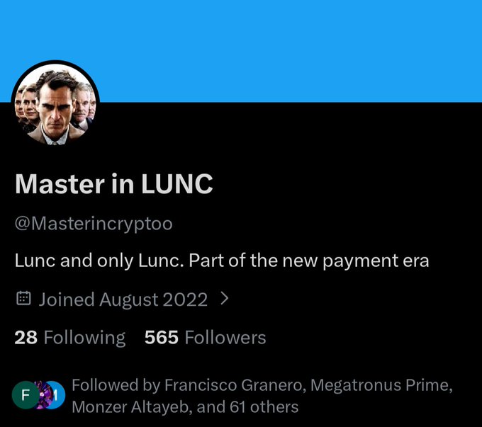 A Twitter/X profile page for 'Master in LUNC' (@Masterincryptoo), with the bio 'Lunc and only Lunc. Part of the new payment era', showing they joined August 2022, follow 28 accounts, and have 565 followers.
