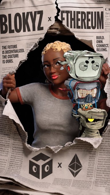 A 3D digital artwork shows a person with blonde hair breaking through a newspaper page titled 'BLOKYZ x ETHEREUM' with the tagline 'THE FUTURE IS DECENTRALIZED. THE CULTURE IS OURS,' while holding a robot companion.