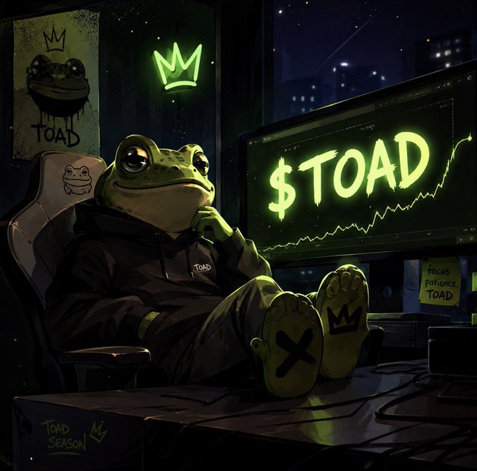 A digital illustration of a frog in a hoodie lounging in a gaming chair with feet up, looking at a monitor displaying '$TOAD' with a rising green chart and a glowing crown logo.