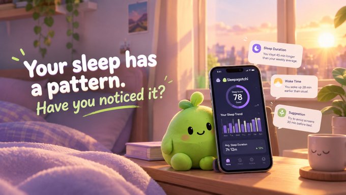 An advertisement for a sleep tracking app called "Sleepagotchi," featuring a cute green plush character and a smartphone displaying a sleep score of 78, with the tagline "Your sleep has a pattern. Have you noticed it?"