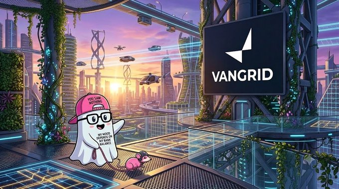 A futuristic cityscape illustration featuring a ghost character wearing a pink 'YOU LAB' cap and glasses with the text 'MY MOOD DEPENDS ON AI AND BALLANCE', with a 'VANGRID' logo displayed on a large screen.