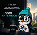 A cartoon penguin wearing glasses and a beanie with 'EBLUX' logo and text 'GOOD AFTERNOON' and 'DESIGN & ILLUSTRATION GRAPHIC INTERACTION'.