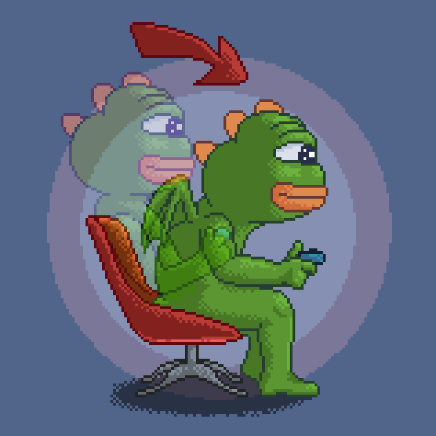 A pixel-art illustration shows a green dragon-like character and a blue creature sitting back-to-back on a red chair, with the dragon holding a game controller and an arrow pointing from the blue creature toward the dragon. The image visually captures the post's theme of a new cross-play gaming experience launching on Robinhood, with the gaming controller symbolizing the onchain platform arriving exclusively on the Robinhood App.