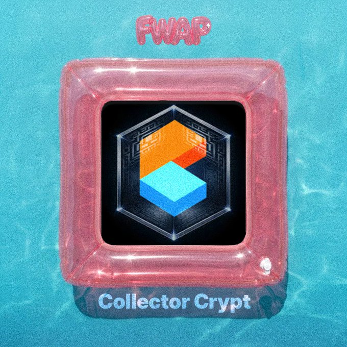 A glossy promotional graphic featuring the text 'FWAP' and 'Collector Crypt' with a hexagonal cryptocurrency logo at the center, set against a turquoise background with a pink ice-like border.