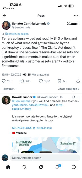 Screenshot of a Telegram post showing a tweet from Senator Cynthia Lummis (@SenLummis) discussing Terra's collapse and approximately $40 billion in losses, criticizing the Clarity Act for not distinguishing between reserve-backed assets and algorithmic experiments, with a reply below from Dawid Skinder referencing $LUNC. The image relates to the accompanying post by highlighting the broader context of regulatory concerns around algorithmic stablecoins that ties into the $LUNC community discussion.