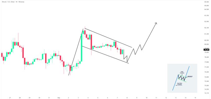 A Bitcoin (BTC/USD) 4-hour candlestick chart from Bitstamp shows price consolidating inside a descending channel (bull flag pattern) following an impulse rally, with an annotated arrow projecting a potential breakout toward the $82K–$83K resistance zone.