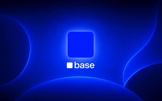 A blue abstract background displaying the Base logo, a square symbol representing the Base blockchain network.