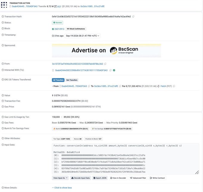 A BscScan transaction detail page showing a successful 8.72 FET token transfer worth $1,533,131.66 between addresses 0xab424A43...705ADF3A3 and 0x2abc1085...37cc21dFE, dated September 19, 2026.