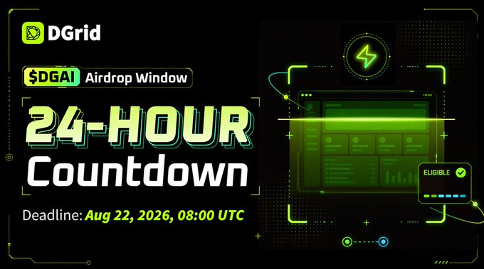 A promotional graphic for DGrid announcing a $DGAI airdrop window with a 24-hour countdown ending on Aug 22, 2026, 08:00 UTC, showing an 'ELIGIBLE' badge.