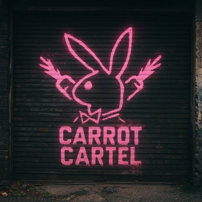 Pink graffiti-style street art on a dark metal shutter features a stylized rabbit logo with the text 'CARROT CARTEL' below it.