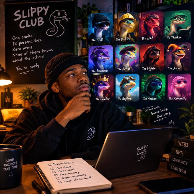 A promotional image for 'SLIPPY CLUB' featuring a man in a beanie looking thoughtfully at a laptop, with 12 snake character NFTs displayed showing different personalities (The Chill, The Builder, The Wild, The Thinker, The Dreamer, etc.).