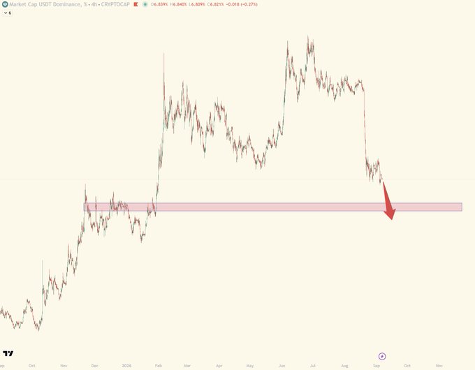 A TradingView chart of USDT Dominance on CRYPTOCAP showing a downward trend with a red arrow pointing to a highlighted support zone.