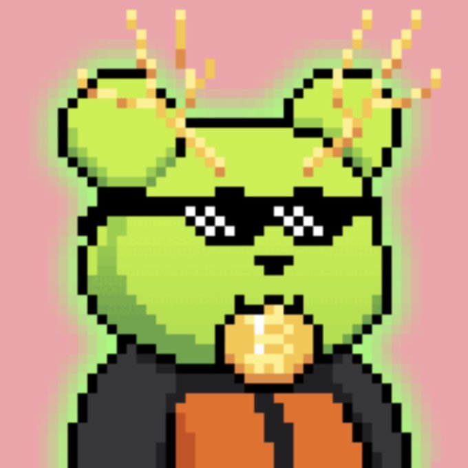 A pixel art illustration of a green alien-like character with 'deal with it' sunglasses, yellow antennae, and an orange outfit against a pink background.