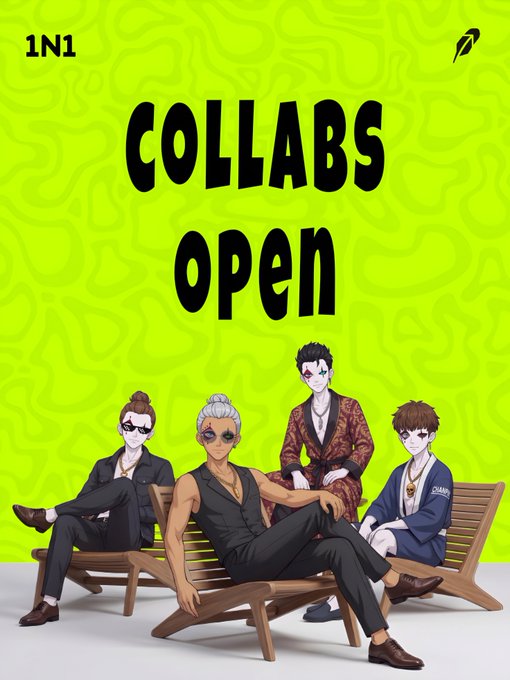 An anime-style illustration of four male characters sitting on lounge chairs against a bright green background, with the text 'COLLABS open' and '1N1' at the top.