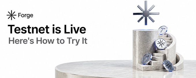 A promotional graphic announcing "Forge Testnet is Live – Here's How to Try It," featuring the Forge logo (asterisk symbol) alongside a stylized staircase display with metallic Forge coins, directly aligning with the post's announcement of Forge's public testnet launch as a free lending protocol on the Endure Network within the Bittensor ecosystem, offering potential airdrop rewards.
