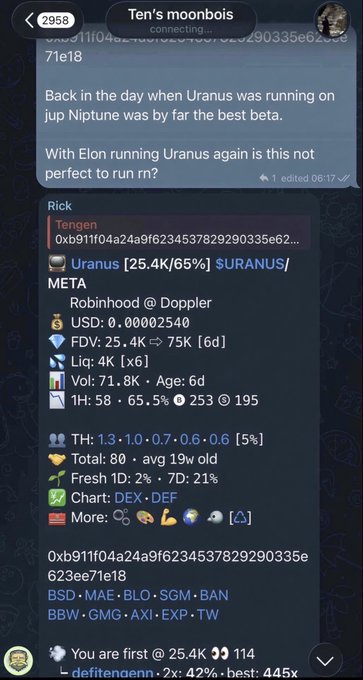 A Telegram chat screenshot titled 'Ten's moonbois' discusses the 'Uranus' token and 'Uranus jumping on Neptune', sharing metrics like a market cap of 25.4K and FDV of 75K.