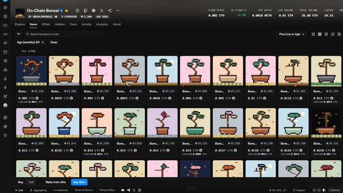 The OpenSea NFT marketplace interface showing the 'On-Chain Bonsai' collection with various bonsai tree NFTs and their ETH prices listed.