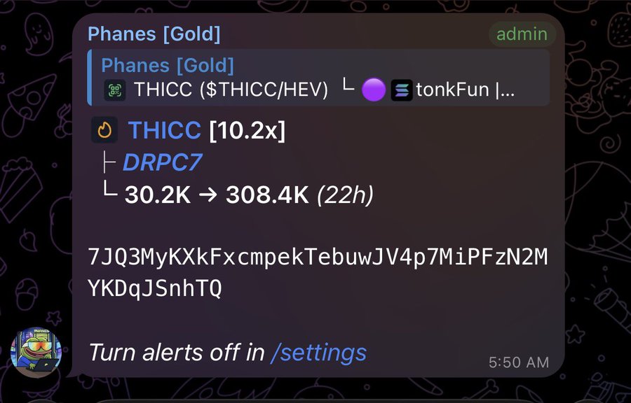 A Telegram alert from 'Phanes [Gold]' about token THICC showing a 10.2x alert with DRPC7 metrics indicating growth from 30.2K to 308.4K over 22 hours, along with a long alphanumeric address string.