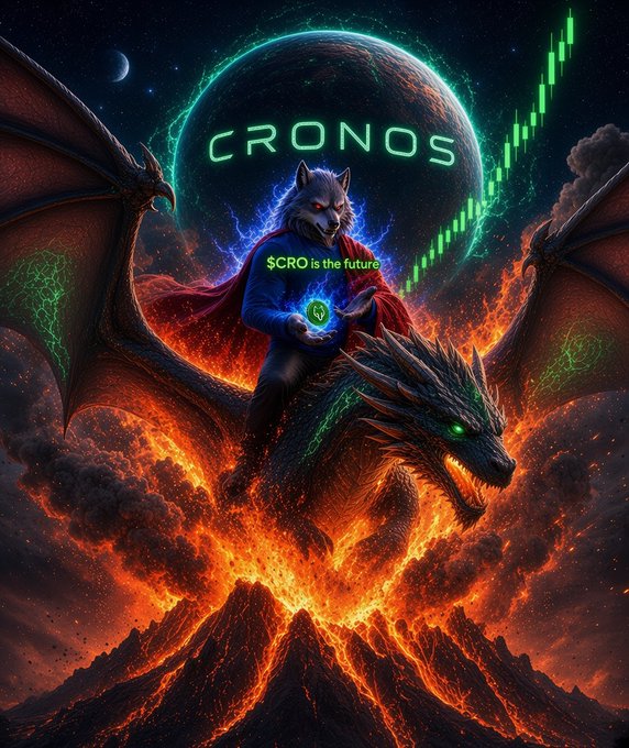 A digital artwork featuring a wolf-headed character in a cape holding a glowing coin, riding a dragon through fiery, erupting terrain under a planet labeled 'CRONOS' and a green rising chart, with text reading '$CRO is the future'.